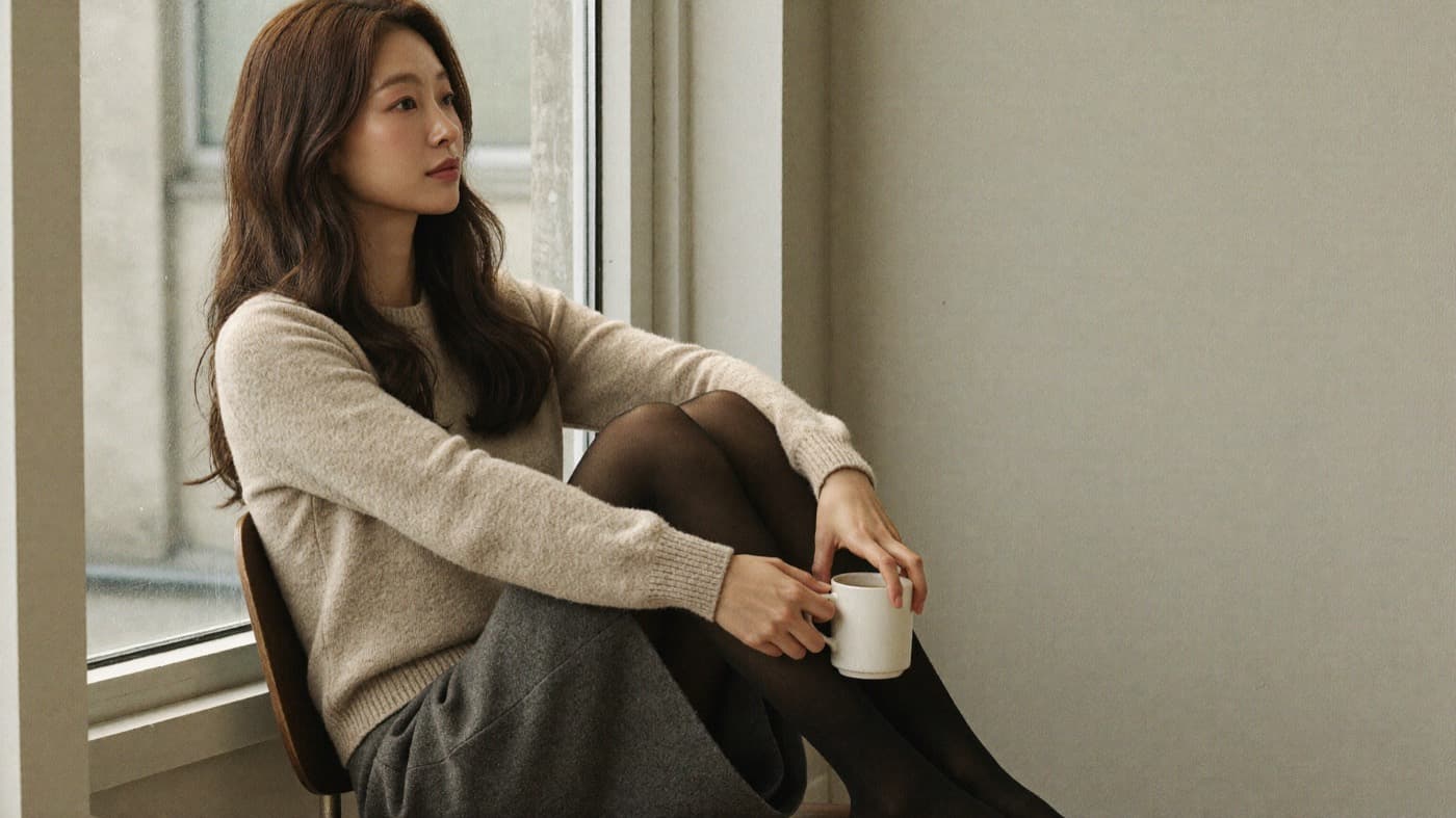창가에 앉아 아침을 여는 모습, 블랙 타이츠 착용